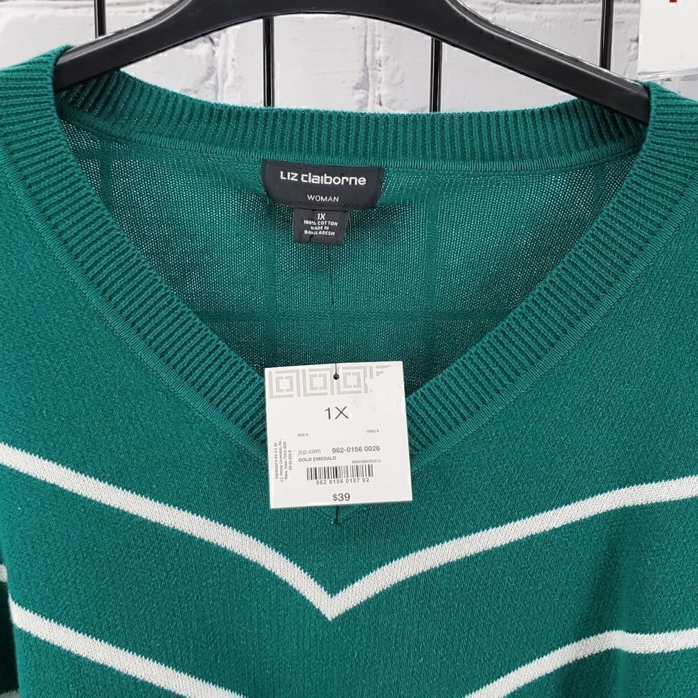 Sweater V Neck Green and White Liz Claiborne NWT - Picture 2 of 5